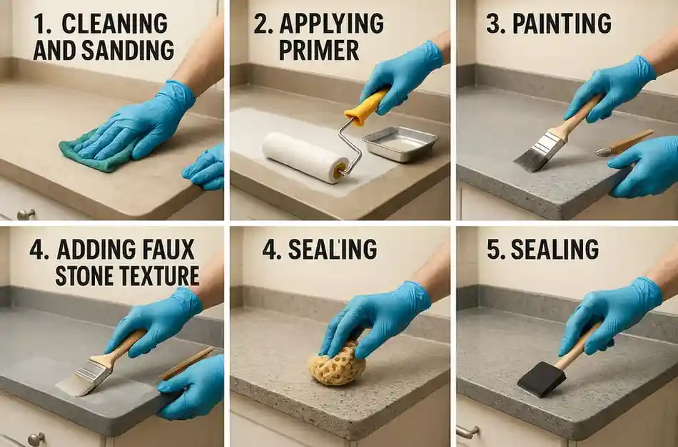Step-by-step countertop painting process showing application techniques